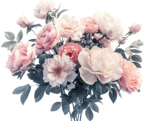 Beautiful bouquet of pink and white peonies on white isolated background.