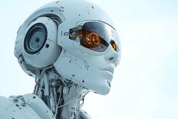 Close-up of a female humanoid robot's head, showcasing intricate details and glowing internal mechanisms.  A futuristic portrayal of artificial intell