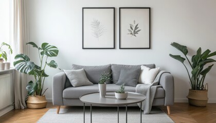 Modern Living Room Interior Design Gray Sofa Plants and Minimalist Decor