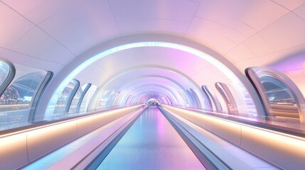 Futuristic, brightly lit, modern walkway tunnel with moving walkways, illuminated by pastel colors,...