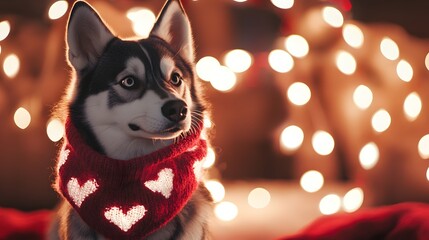 91. A husky wearing a heart-patterned scarf standing near a glowing Valentine garland