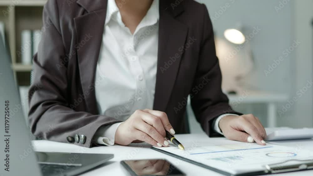 Poster close up of hands businesswoman is working on document paperwork and calculator for cost with happy 