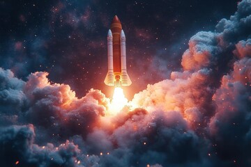 virtual space exploration innovative 3d rocket launch animation breaking through digital laptop screen with realistic fire and smoke effects