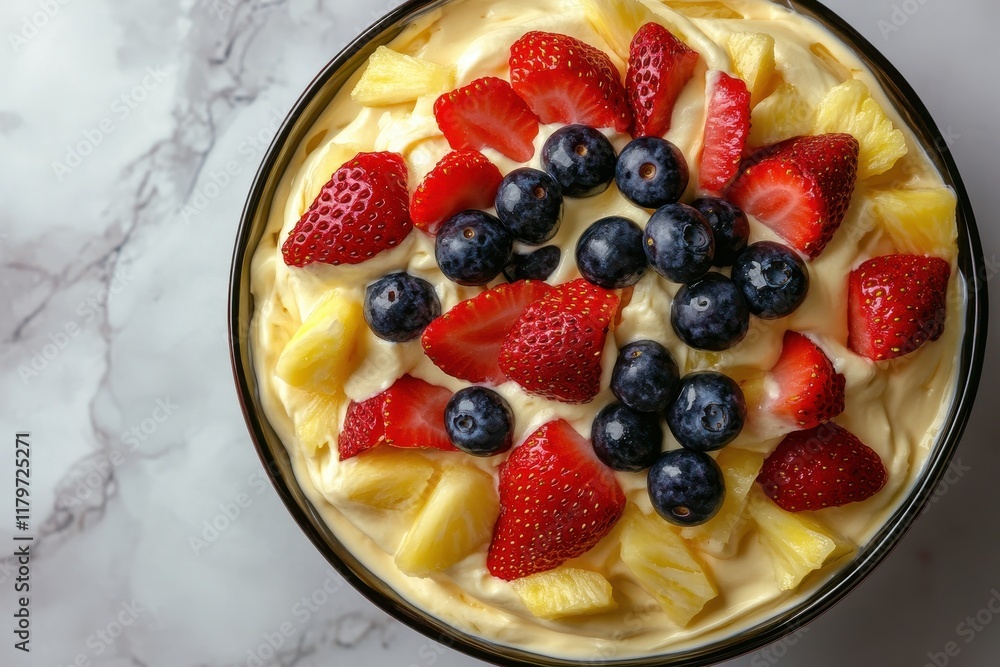 Canvas Prints Close up top view of a bowl of cheesecake fruit salad featuring strawberries blueberries and pineapple on a marble table