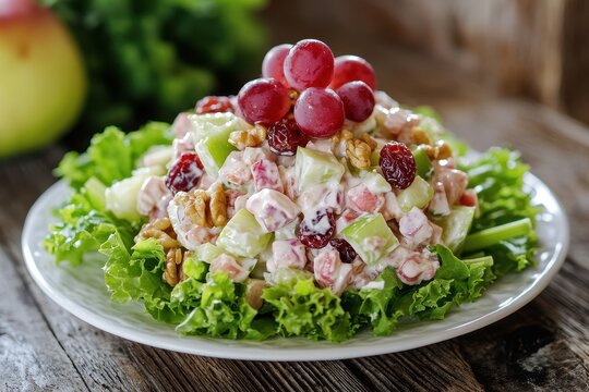 Close up of Waldorf salad featuring red grapes celery green apple walnuts and raisins on lettuce served on a white plate atop a wooden table