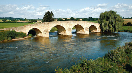 Fototapeta premium Picturesque Stone Arch Bridge over Calm River in Scenic Countryside