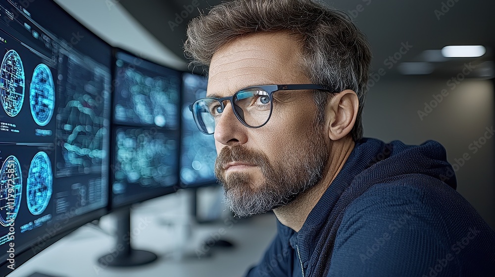 Poster focused man with glasses works on data analysis at multiple digital screens in office