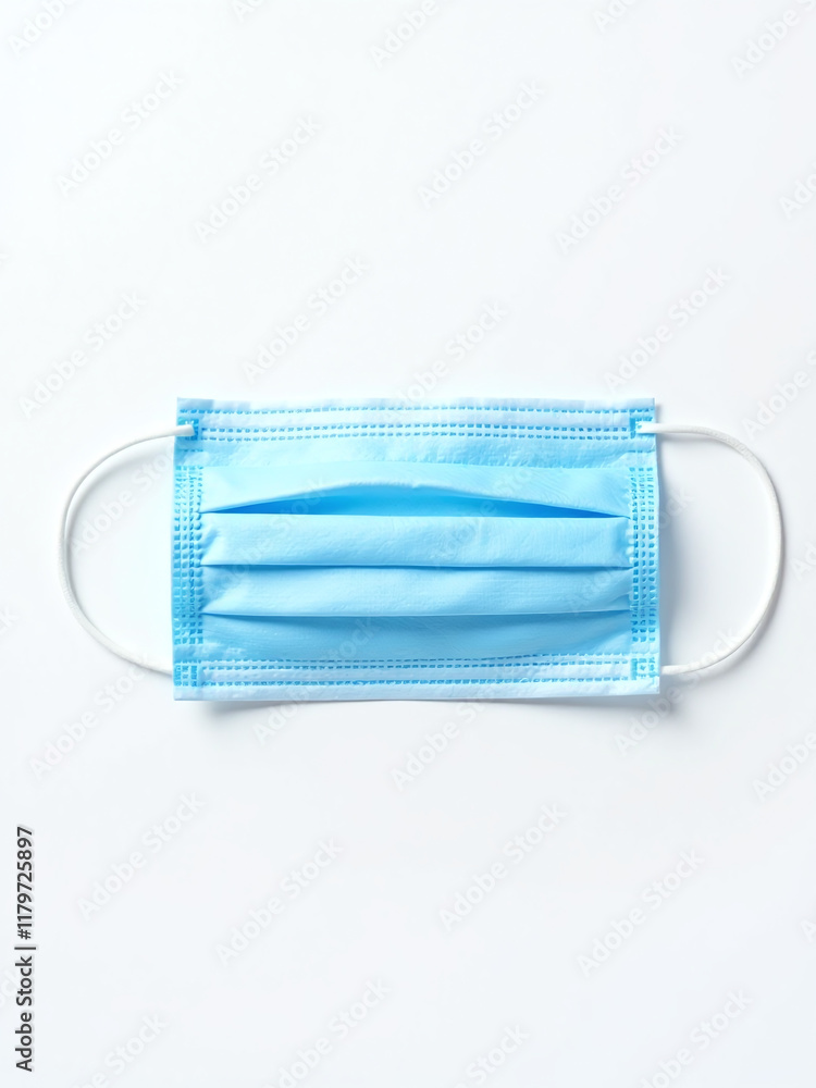 Poster A Blue Medical Face Mask Is Isolated Against A White Background In A Flat Lay Composition With Clipping Path Available. 00001