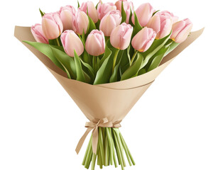 Beautiful bouquet of pink tulips wrapped in natural paper.