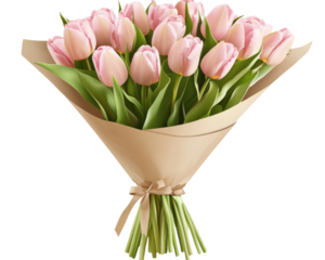 Beautiful bouquet of pink tulips wrapped in natural paper.