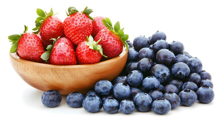 Obraz premium Fresh strawberries in a wooden bowl and a pile of blueberries. A vibrant and healthy image perfect for recipes, health blogs, or food advertising.