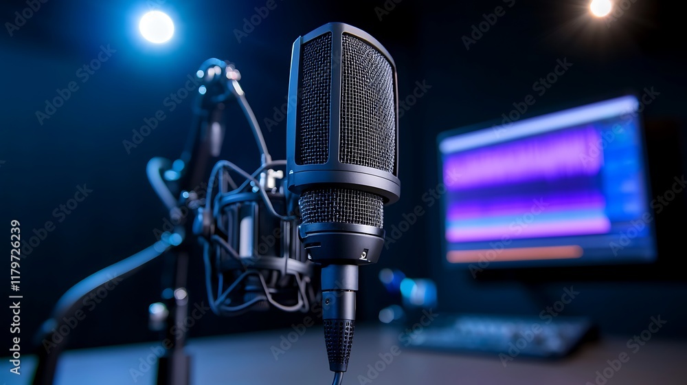Poster close-up of a professional microphone in a recording studio, with a computer screen showing audio wa