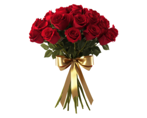 Beautiful bouquet of red roses with gold ribbon on a white isolated background.