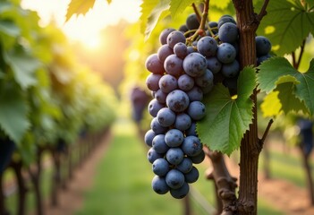 Fototapeta premium Bunch of grapes hanging on vine in vineyard at sunset