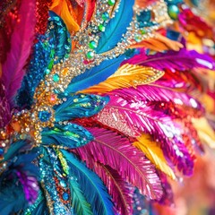 Close-up of colorful feathers and sequins on a carnival costume