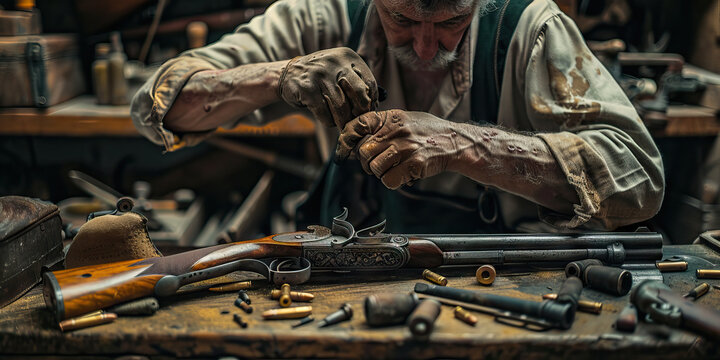 Gunsmith Repairing Antique Firearm in Workshop