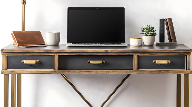 A modern writing desk with three drawers, gold accents, and a laptop. A succulent plant and books are on the desk. The style is minimalist and sophisticated.