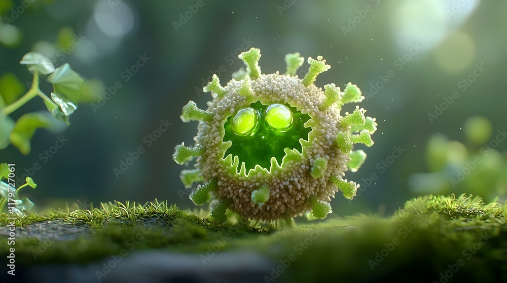 Poster virus metamorphosis, an imaginative depiction of a virus evolving into a humanoid form, blending ele