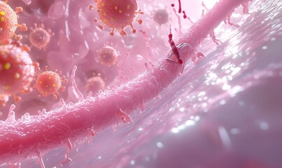 Immune Battle, a surreal depiction of the human immune system engaging in a dynamic conflict against pathogens, vibrant colors and abstract forms.