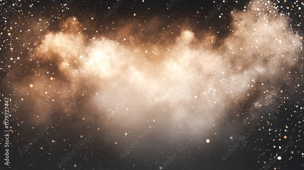 Poster dust explosion with white rectangle banner. splashes of brown powder isolated on transparent backgro