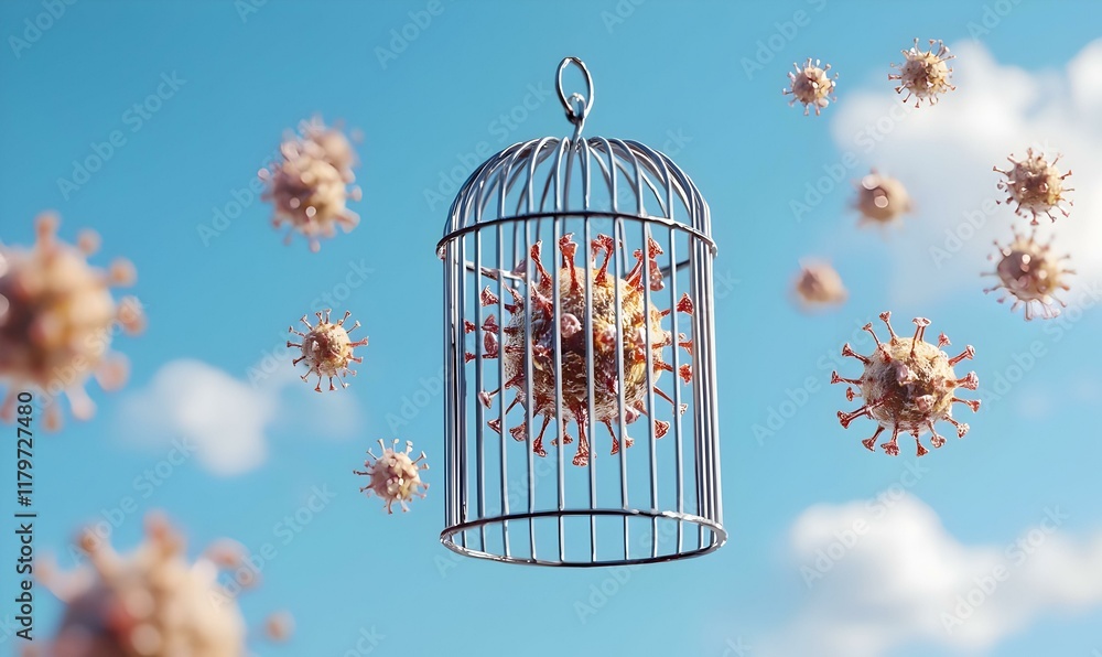 Poster surreal depiction of a virus encapsulated in a futuristic containment unit, showcasing vibrant color
