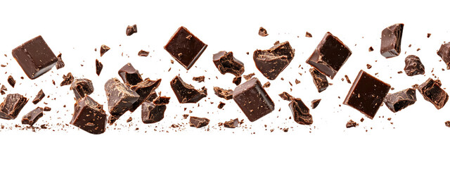 Delicious Dark Chocolate Chunks Falling in Motion Isolated on transparent background