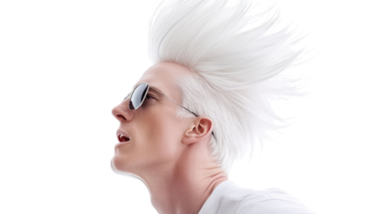 Stylish young man with striking white hair and sunglasses posing dramatically against a plain background