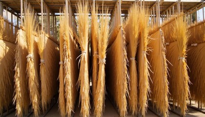 Bundles of dried golden grass hanging in a structure