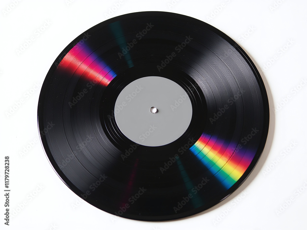 Aufkleber a black vinyl record with colorful light reflections is isolated on a white background with an empty