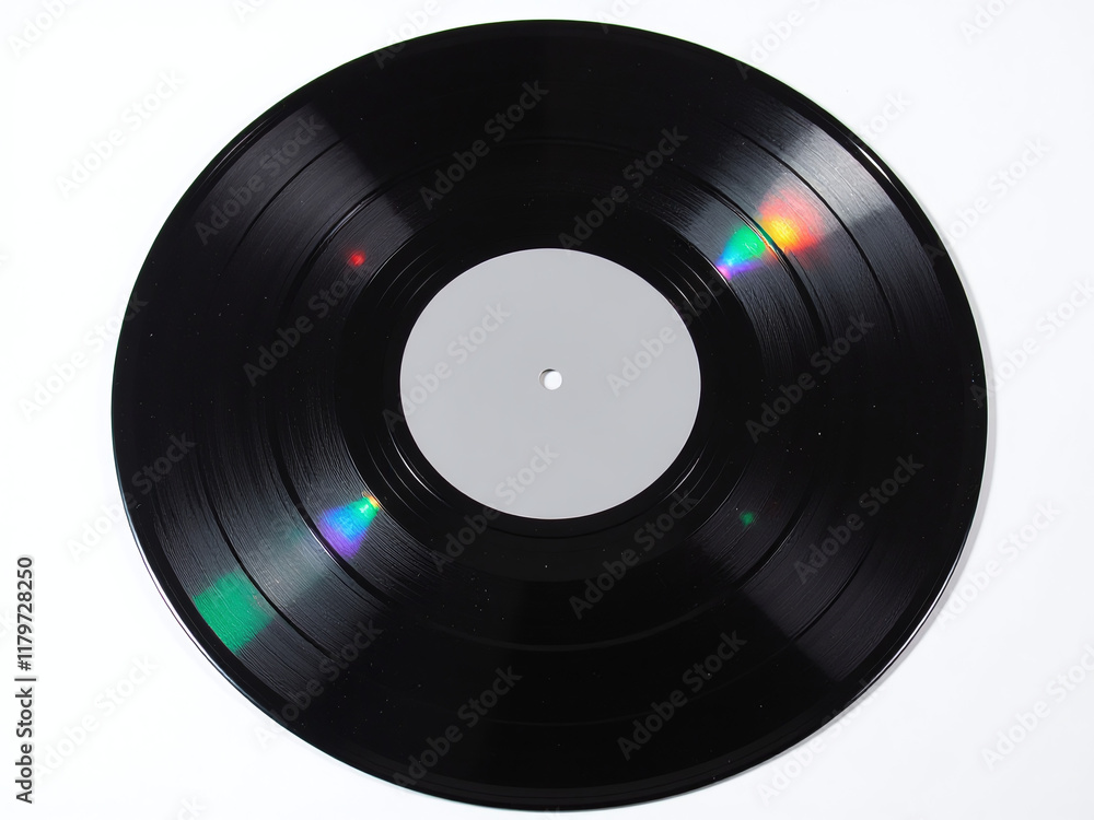 Poster a black vinyl record with colorful light reflections is isolated on a white background with an empty