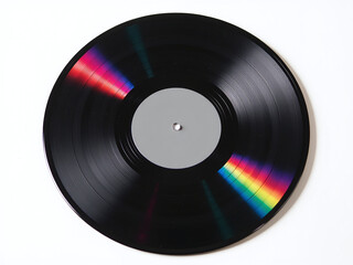A Black Vinyl Record With Colorful Light Reflections Is Isolated On A White Background With An Empty Grey Label Space. 00002