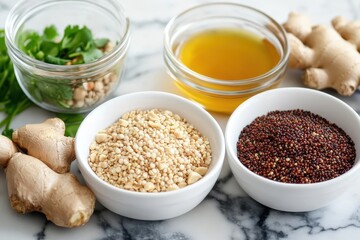 Components for Thai quinoa salad with ginger peanut dressing