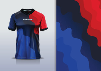 T-shirt mockup abstract wave line jersey design for football, soccer, racing, esports, running, in blue navy red color