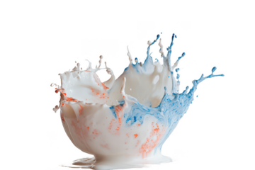 Milk Splash Photography on White Background: A high-speed milk splash captured on a white background, creating a dynamic, fresh feel. Transparent background.