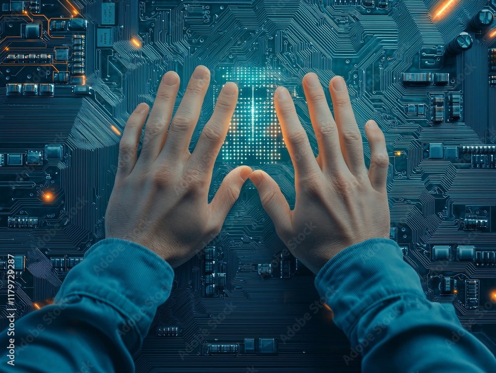 Poster innovative technology interaction digital circuit board graphic design futuristic environment top-do
