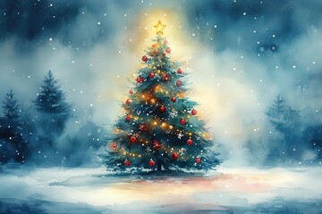whimsical watercolor christmas tree with delicate brushstrokes in traditional holiday colors featuring ornate decorations and twinkling lights