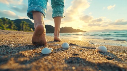 Walking on the beach at sunset coastal paradise scenic photography tranquil atmosphere close-up view serenity