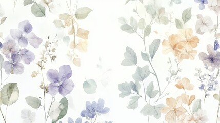 Vintage aesthetic watercolor seamless pattern with morning glories, violets, lilies, daisies, cosmos, ivy, irises, tulips, peonies, roses	