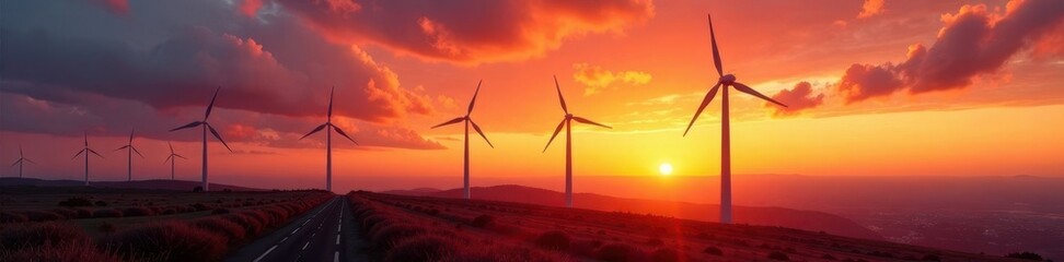 Obraz premium Giant wind turbines dominate a fiery sunset landscape, cloudscape, energy generation