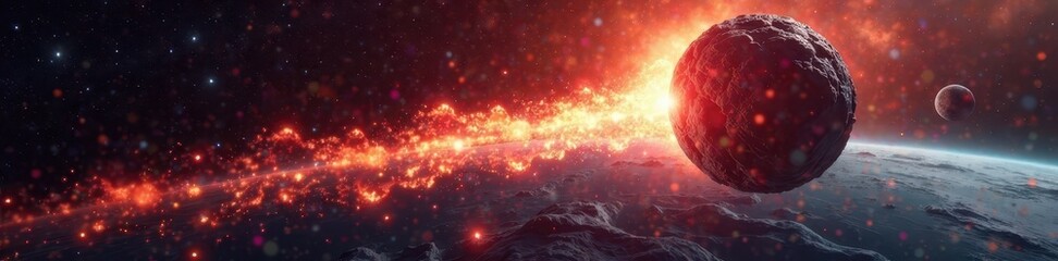 Obraz premium Massive asteroid hurtling towards Earth, fiery tail , disaster, solar system