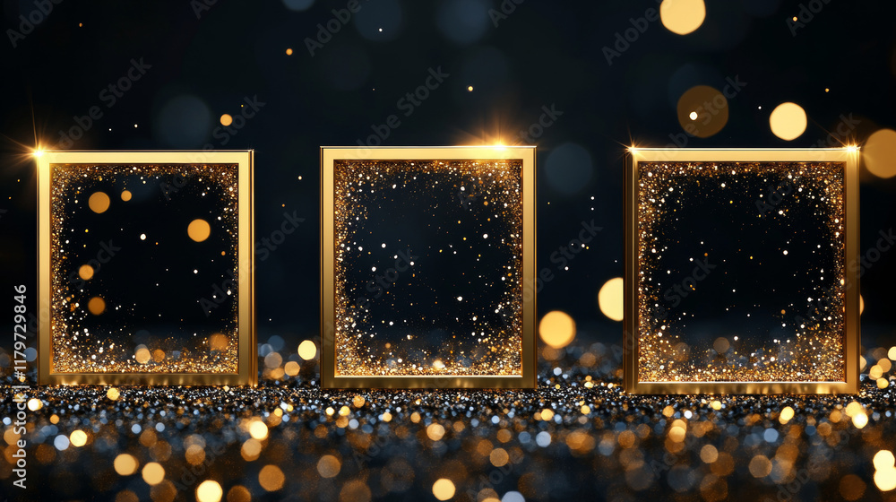 Poster set of four golden square frame with glitter, sparkles and flares on dark background. empty luxury b
