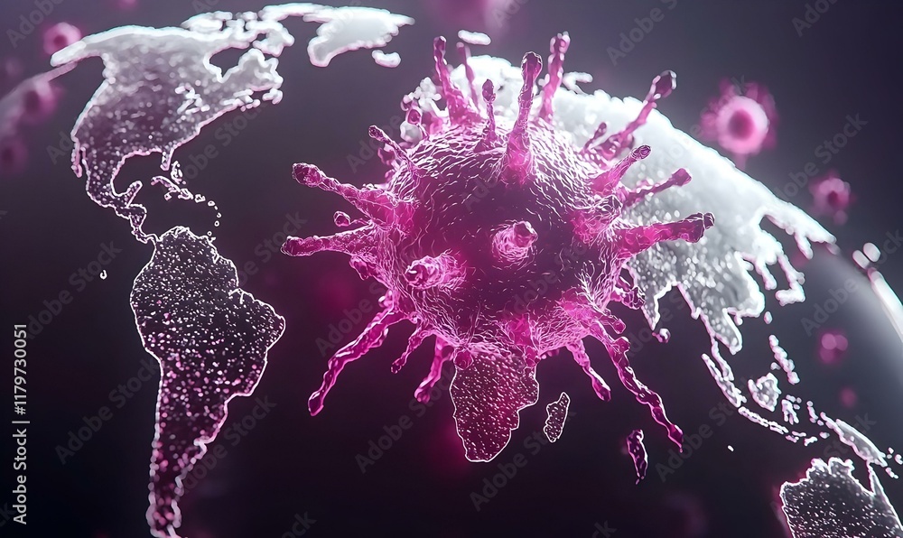 Poster virus particle in motion, vibrant colors, dynamic movements, showcasing the intricate structure and 