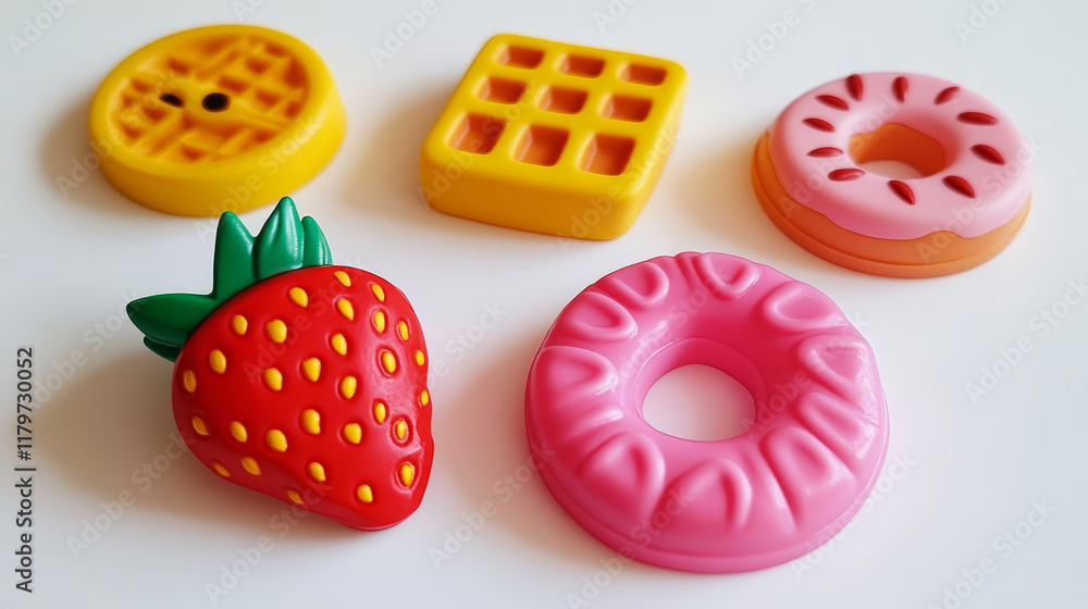 Poster game buttons with texture of food, strawberry, waffle, cheese and donut with pink glaze. vector cart