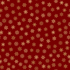 Falling snowflakes. Seamless vector pattern with golden snowflakes on red background for New Year decoration.Falling glitter snowflakes. Christmas background.