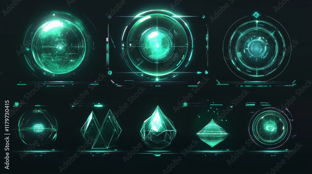 Poster 3d neon tech sphere collection with glowing effects - futuristic dotted orb, geometric wireframe glo