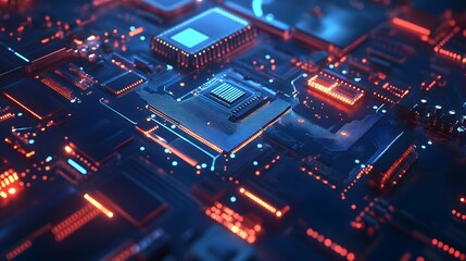 Obraz premium Advanced microchip technology in a blue glow