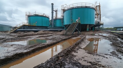 Obraz premium A large green tank is surrounded by muddy water