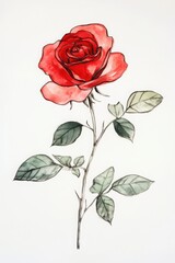 Obraz premium Beautiful watercolor illustration of a red rose with green leaves, showcasing delicate details and a classic, timeless botanical style