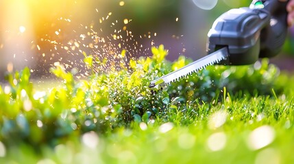 Close-up of electric hedge trimmer cutting vibrant green bushes, water droplets flying in sunlight.
