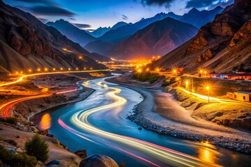 Long Exposure Photography: Afghanistan River Map, Aerial View, Night Lights, Water Flow, Geographic